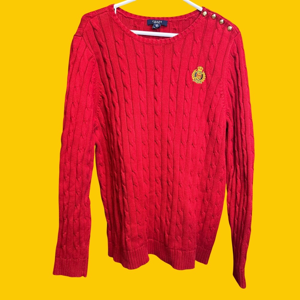 Chaps Sweater Women 1X Red Cable Knit Crest Gold Button Shoulder Cotton Preppy